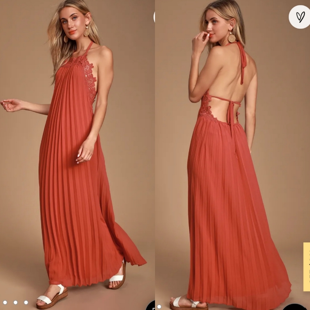Lulu’s Encinitas Rust Red Lace Pleated Halter Maxi Dress
